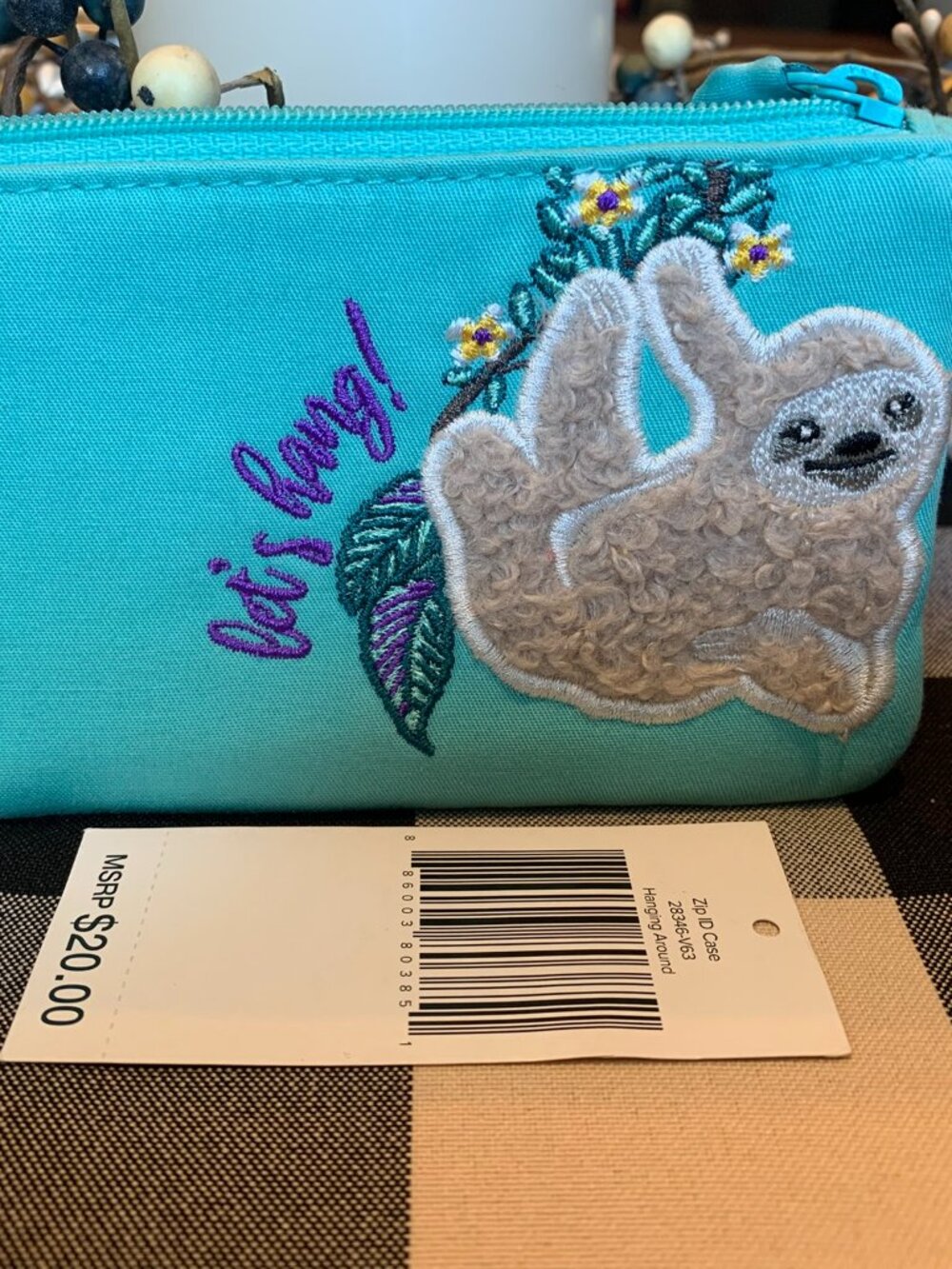 Vera Bradley Zip ID keyring turquoise Sloth 3D fuzzy hanging around